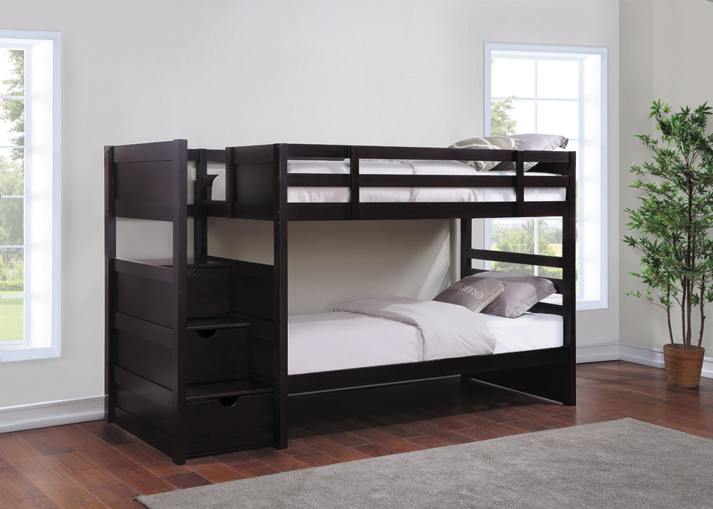 Twin / Twin Bunk Bed - Elliott Twin Over Twin Stairway Bunk Bed Cappuccino