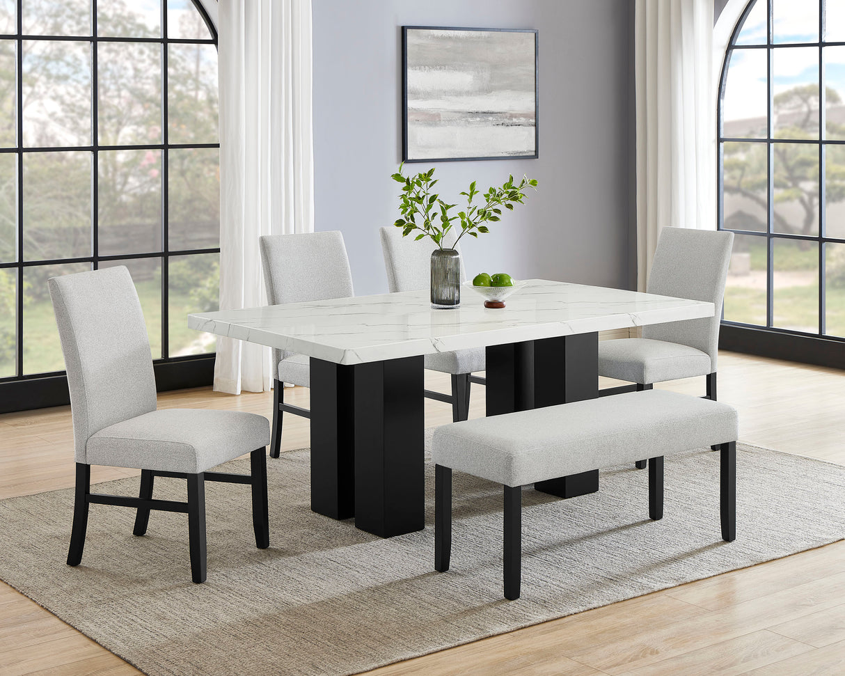 6pc Dining Set White Rectangular Marble-like Tabletop Dark-finished Base Upholstered Chairs Bench Soft Wooden Dining Room Furniture