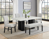 6pc Dining Set White Rectangular Marble-like Tabletop Dark-finished Base Upholstered Chairs Bench Soft Wooden Dining Room Furniture