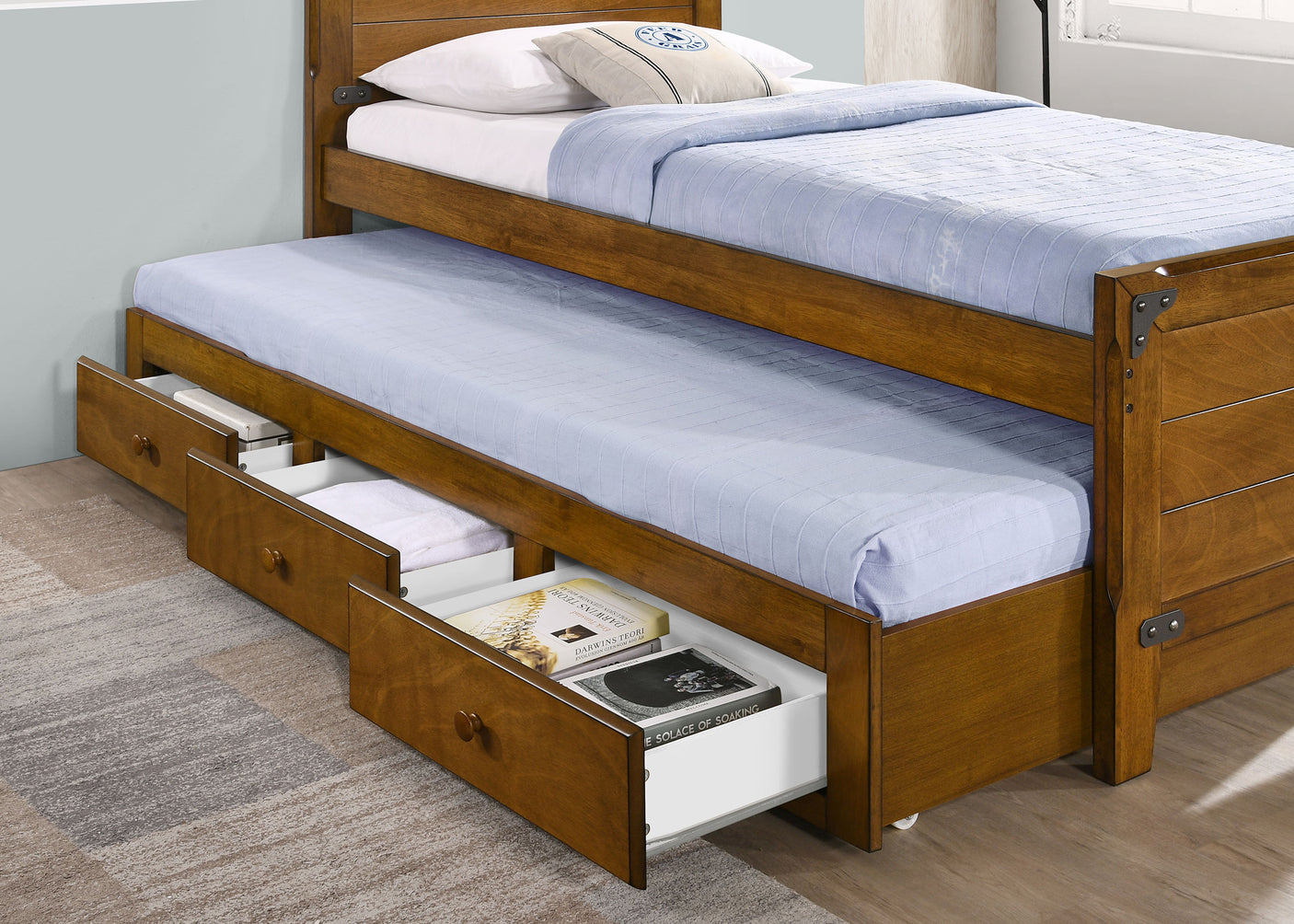 Twin Bed W/ Trundle - Granger Wood Twin Storage Captains Bed Rustic Honey