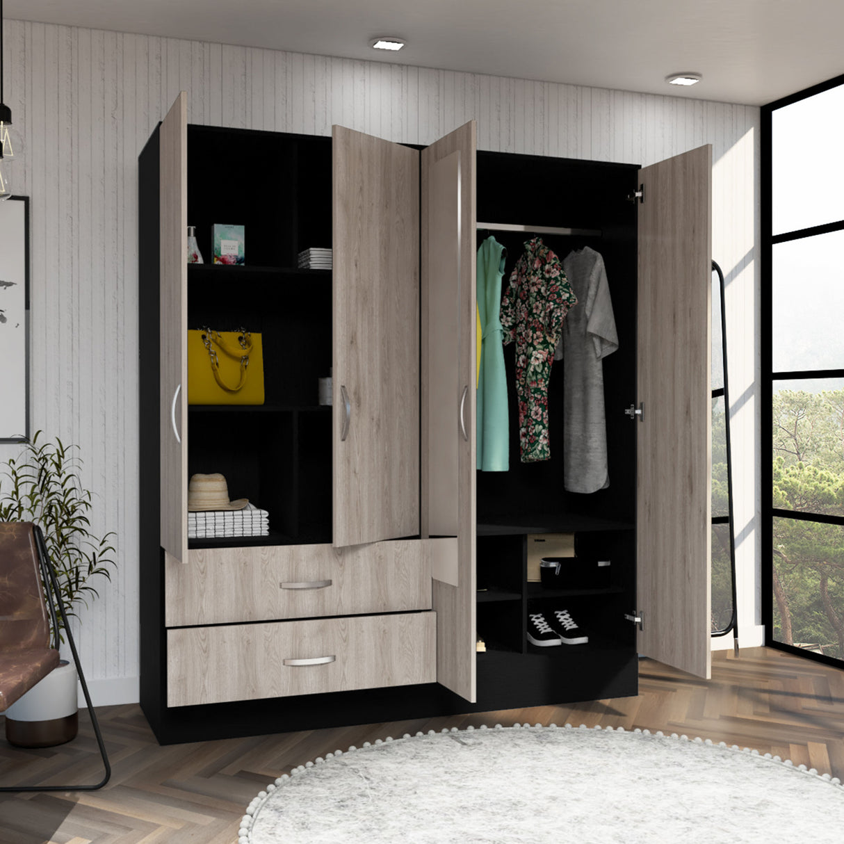 Bolton 160 Armoire, Six Shelves, Two Double Door Cabinets, Two Mirrors, Two Drawers, Rod Black / Light Gray - sold by Home Elegance USA