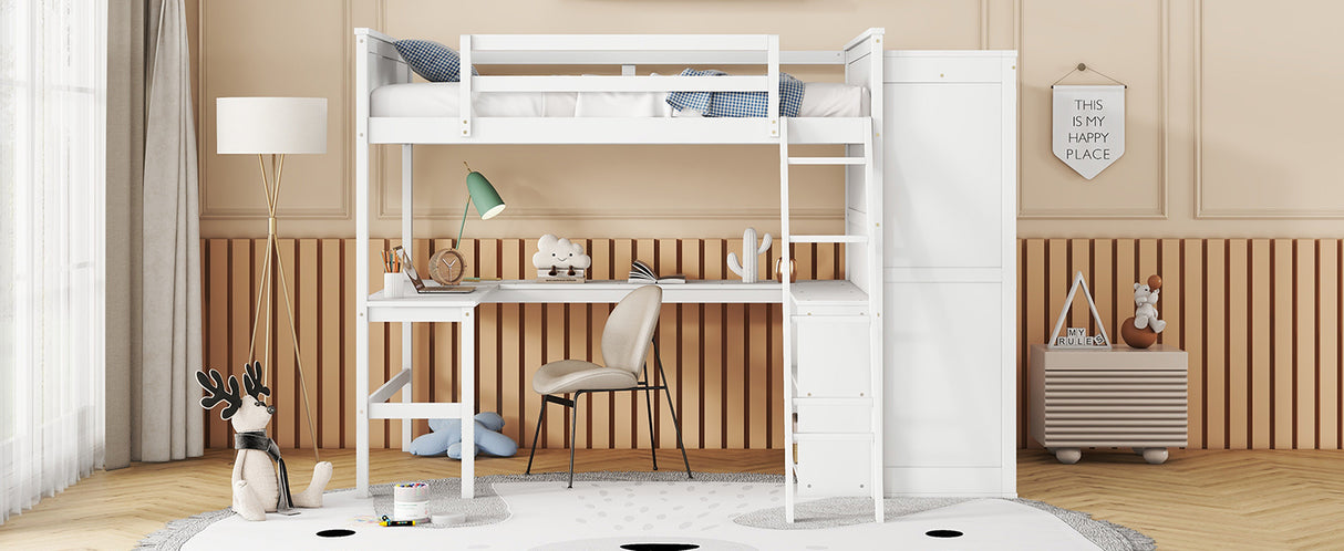 Full size Loft Bed with Desk, Shelves and Wardrobe-White - Home Elegance USA