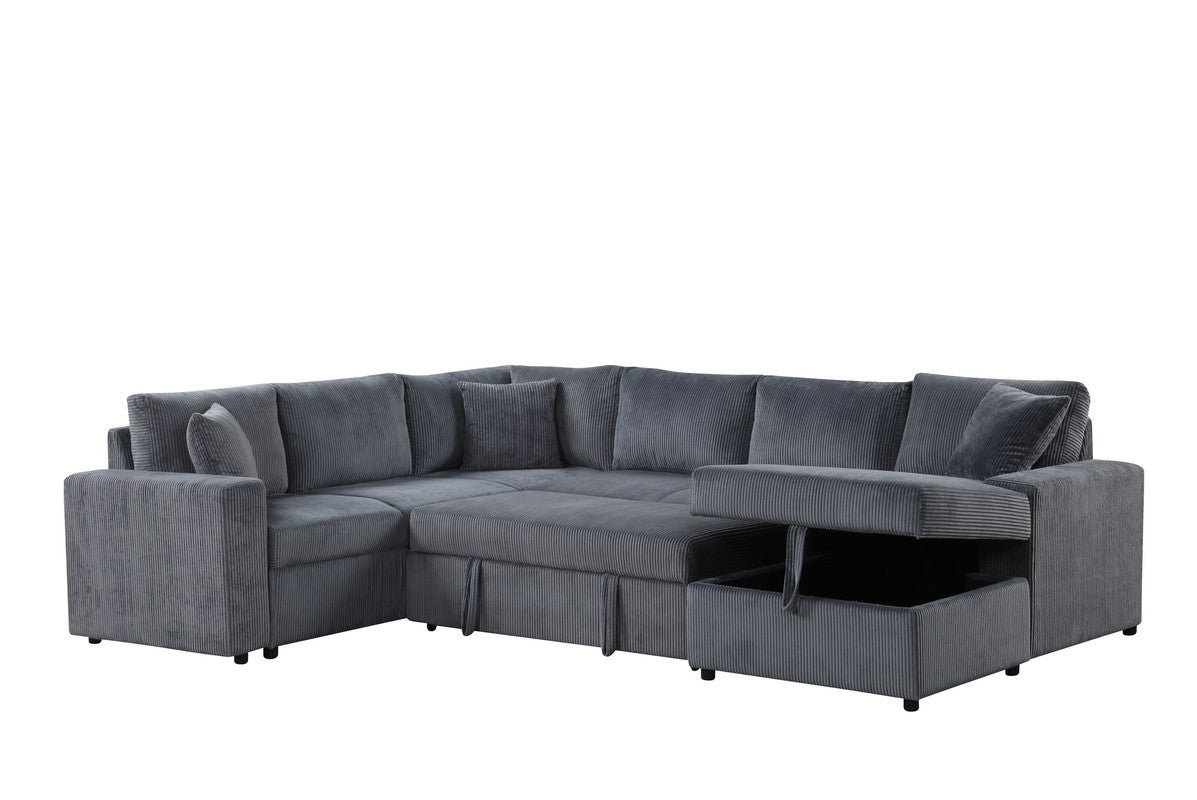 Rinaldo 123'W Gray Corduroy Sleeper Sectional Sofa with Right-Facing Storage Chaise and Throw Pillows
