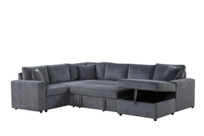 Rinaldo 123'W Gray Corduroy Sleeper Sectional Sofa with Right-Facing Storage Chaise and Throw Pillows - sold by Home Elegance USA