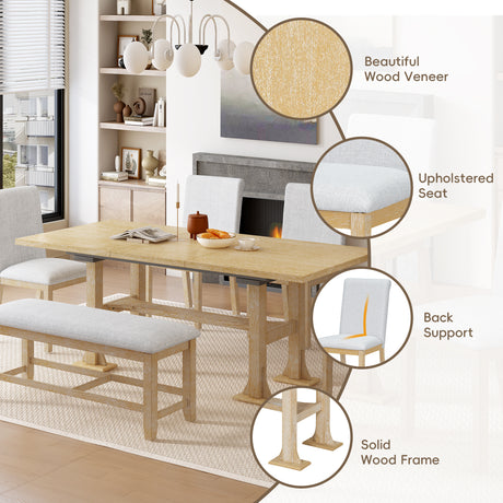 TOPMAX Farmhouse 76inch 6-Piece Extendable Dining Table Set with Trestle Base, Upholstered Chairs & Bench, Natural Wood and Light Gray Fabric - sold by Home Elegance USA