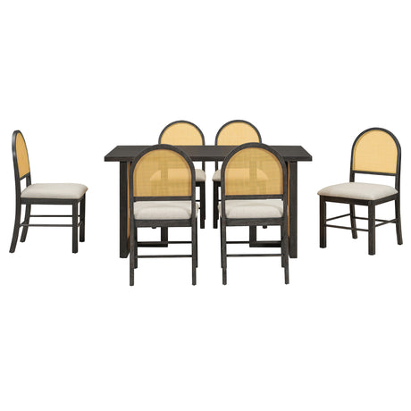 TREXM 7-Piece Farmhouse Dining Table Set for 6 - 59.8' Rectangular Dining Table with Distressed Oak Veneer and 6 Rattan Chairs, Rustic Kitchen Furniture for Dining Room(Espresso) - sold by Home Elegance USA