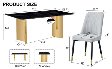 Table and chair set.The table has a glass top with imitation marble pattern stickers and stainless steel golden legs.Paried with 8 Light Gray chairs with PU cushions and black legs.W1151S01546 - sold by Home Elegance USA