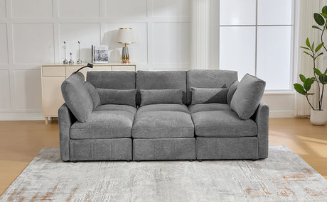 Modern Sectional Sofa Modular Sofa with Movable Ottoman, USB Ports & Phone Holder, Grey Chenille, 85.4' - sold by Home Elegance USA