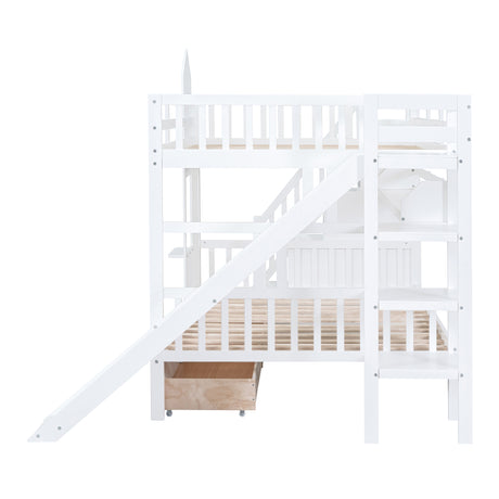 Full-Over-Full Castle Style Bunk Bed with 2 Drawers 3 Shelves and Slide - White(OLD SKU:LT000558AAK-2) - sold by Home Elegance USA