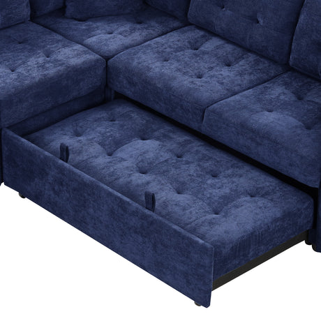 Navy Blue L-shape Sofa Bed with Pull-out Sleeper, USB Ports, Power Sockets, Corded Velveteen, 82.6' - sold by Home Elegance USA