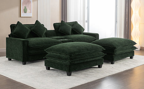 Chenille Upholstered 111' Sectional Sofa with Two Removable Ottomans, USB Ports, Cup Holders, and Storage, Green - sold by Home Elegance USA