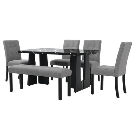 6 Piece Modern Dining Table Set, 63' Faux Marble Dining Table with Geometric Legs & 4 Upholstered Chairs & 1 Bench, Suitable for Dining Kitchen Room,Easy to Assemble, Black + Gray - sold by Home Elegance USA