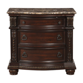 Dark Cherry Finish with Gold Tipping European Design 1pc Nightstand with Genuine Marble Top Traditional Bedroom Furniture 3-Drawers