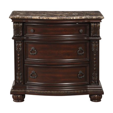 Dark Cherry Finish with Gold Tipping European Design 1pc Nightstand with Genuine Marble Top Traditional Bedroom Furniture 3-Drawers