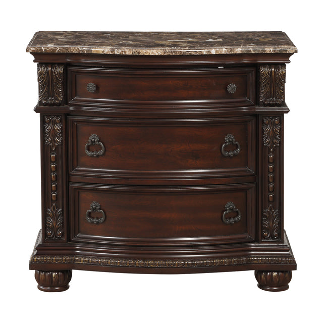 Dark Cherry Finish with Gold Tipping European Design 1pc Nightstand with Genuine Marble Top Traditional Bedroom Furniture 3-Drawers