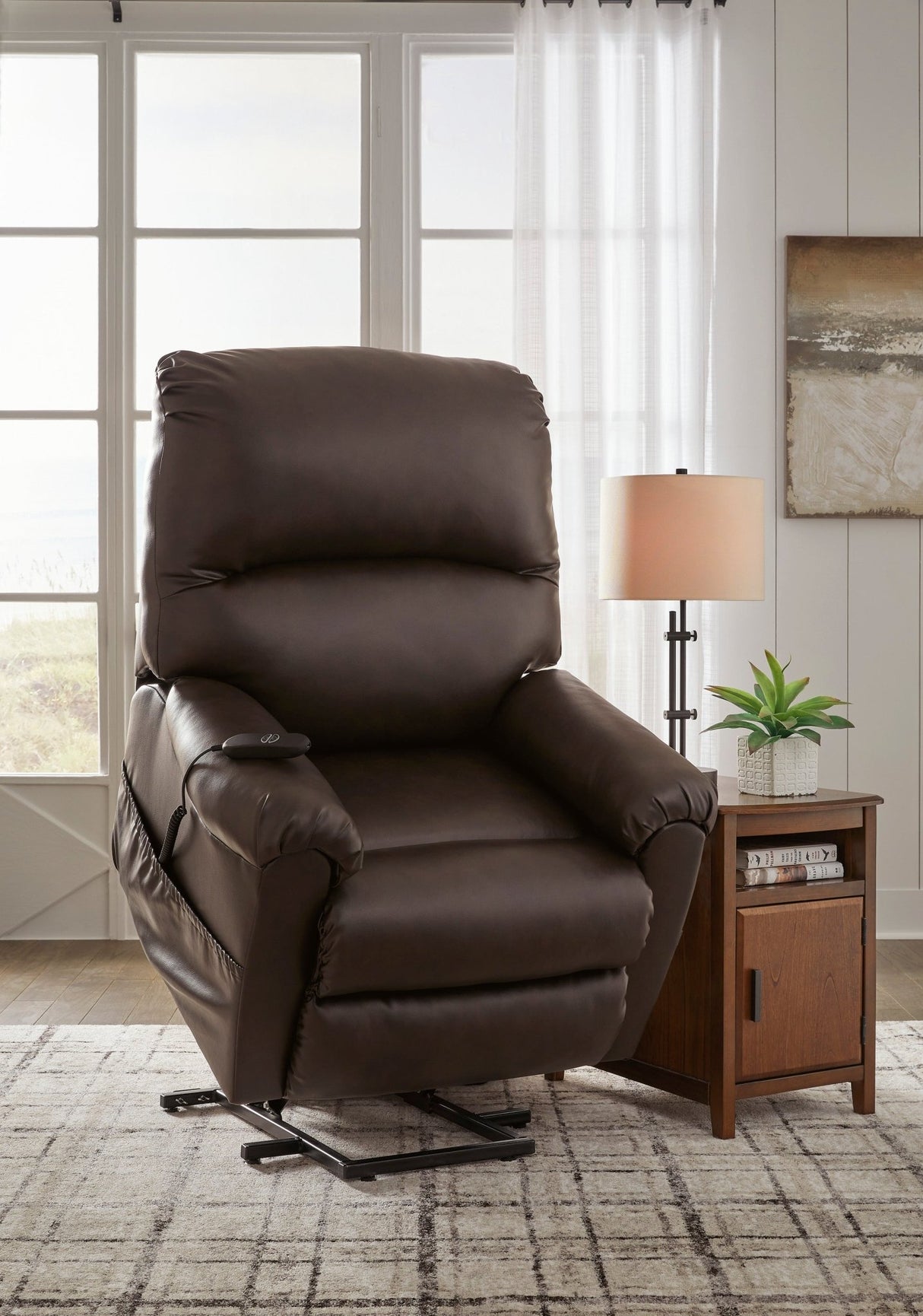 Ashley Chocolate Shadowboxer Power Lift Recliner - Faux Leather | Home Elegance USA