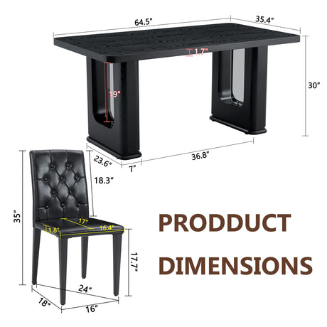 Table and chair set.64.5 x 35.4 Inch Stylish Black Wood Color Textured Dining Table.4-pack black PU dining chairs: ergonomic buckle backrest.Exudes A Strong Sense Of Fashion. - sold by Home Elegance USA