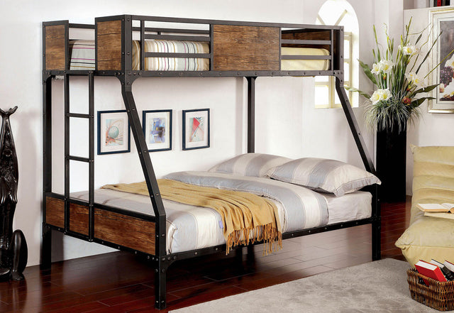 Twin Over Full Metal Bunk Bed Black Finish Industrial Style Metal Structure With Wood Panels Attached Ladder Nailhead Trim