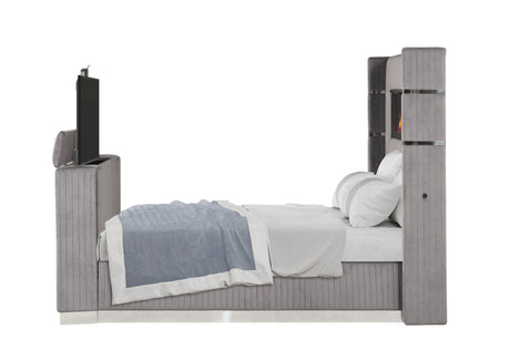 Lavish Modern Style 5 Pc King Bedroom Set Made with Fireplace in Headboard & TV stand in Footboard with Wood in Grey(CA INVENTORY) - sold by Home Elegance USA