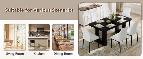 Table and chair set.64.5 x 35.4 Inch Stylish Black Wood Color Textured Dining Table.Paired with 6 Black - and - White PU Dining Chairs with Shell - pattern. Exudes A Strong Sense Of Fashion. - sold by Home Elegance USA