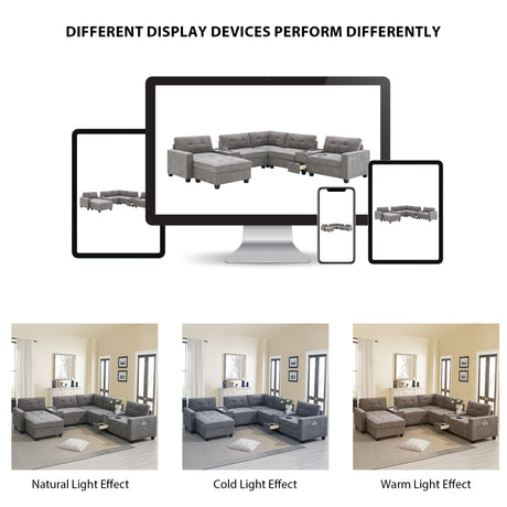 Modern Chenille U-Shaped Sectional Sofa with Acrylic Table Top, USB Charger, Storage Drawers, and Movable Ottoman in Gray - sold by Home Elegance USA