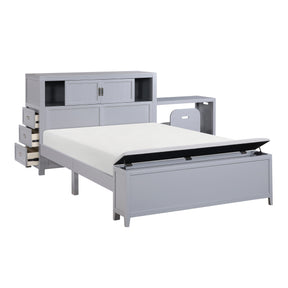 Gray Finish Full Platform Bed with Bookcase Headboard Drawers Hidden Desk Stool Footboard Storage Bench Bedroom Furniture 1pc