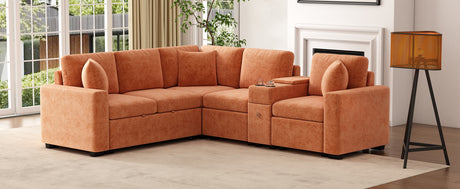 120.5' L-shaped Convertible Sofa Bed Modular Sectional Sofa Reversible Sleeper with Pull-Out Bed, Cup Holders, and Ample Storage Space for Living Room(Old SKU:N719S001940G), Orange - sold by Home Elegance USA