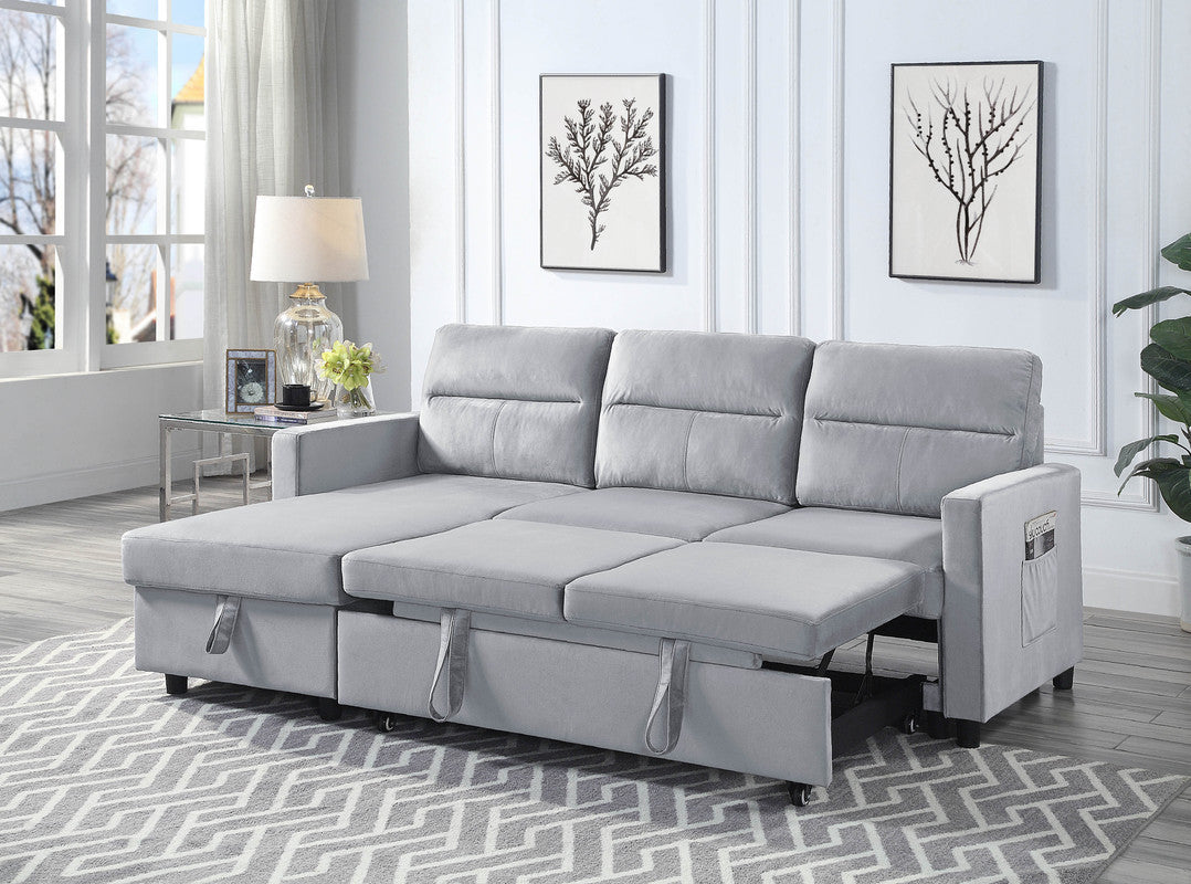 Ruby Light Gray Velvet Reversible Sleeper Sectional Sofa with Storage Chaise and Side Pocket - Home Elegance USA