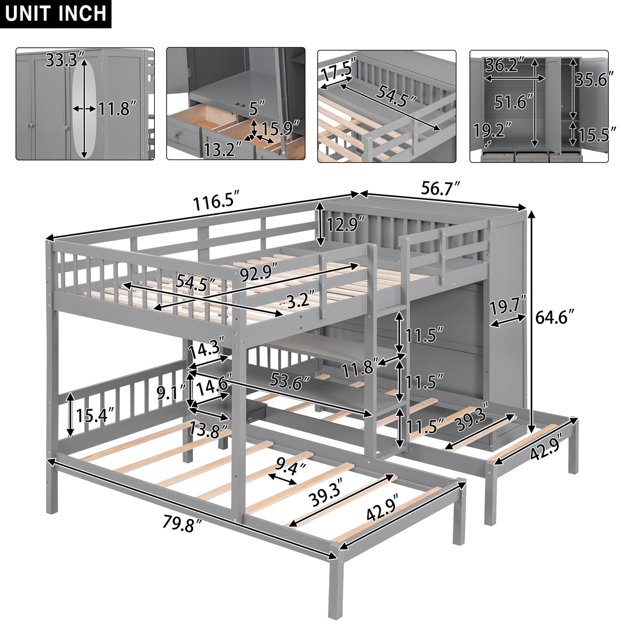 Full-Over-Twin-Twin Bunk Bed with Shelves, Wardrobe and Mirror, Gray - Home Elegance USA