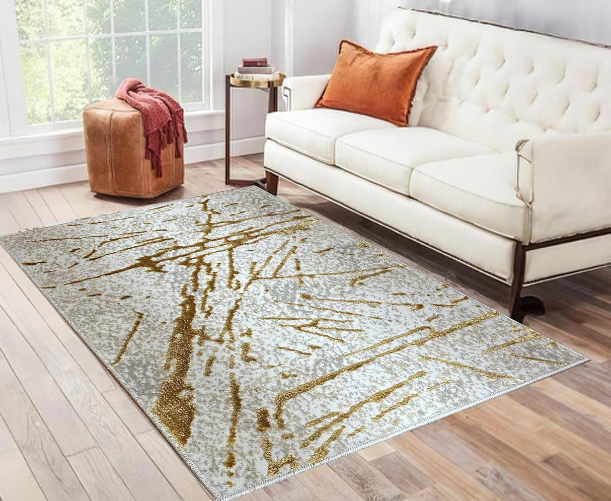 Shifra Luxury Area Rug in Beige and Gray with Gold Abstract Design - Home Elegance USA