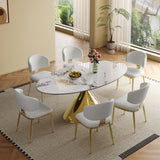 71' Modern Luxury Marble Dining Table Set for 4-6 People - Oval Kitchen Table with Gold Stainless Steel Base & 6 Padded Chairs - Elegant Contemporary Dining Room Furniture