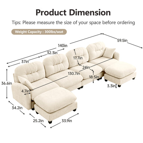 Modular Sectional U Shaped Couch With Ottoman,Soft Chenille Fabric  Tufted Cushion Backrest Design,High-Density Foam Ergonomic design,Elegant Armrests,Easy Install Fits Bedrooms Living Rooms,Beige - sold by Home Elegance USA