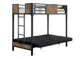 Industrial Style Unique Bunk Bed Twin Over Futon Metal Structure Attached Ladder With Wood Panels Nailhead Trim Black Finish Mattress-Not Included - sold by Home Elegance USA