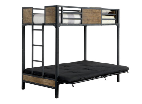 Industrial Style Unique Bunk Bed Twin Over Futon Metal Structure Attached Ladder With Wood Panels Nailhead Trim Black Finish Mattress-Not Included - sold by Home Elegance USA