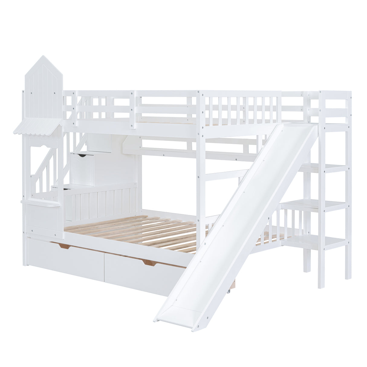 Full-Over-Full Castle Style Bunk Bed with 2 Drawers 3 Shelves and Slide - White - Home Elegance USA