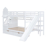 Full-Over-Full Castle Style Bunk Bed with 2 Drawers 3 Shelves and Slide - White - Home Elegance USA