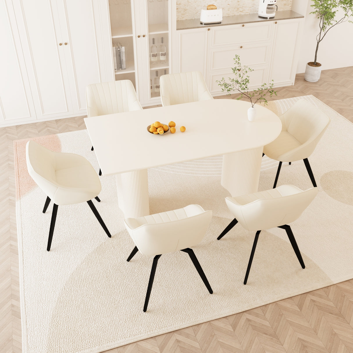 63' medieval modern cream style MDF dining table and beige PU dining chair set, 6 sets of black metal leg dining chairs, suitable for kitchen&home