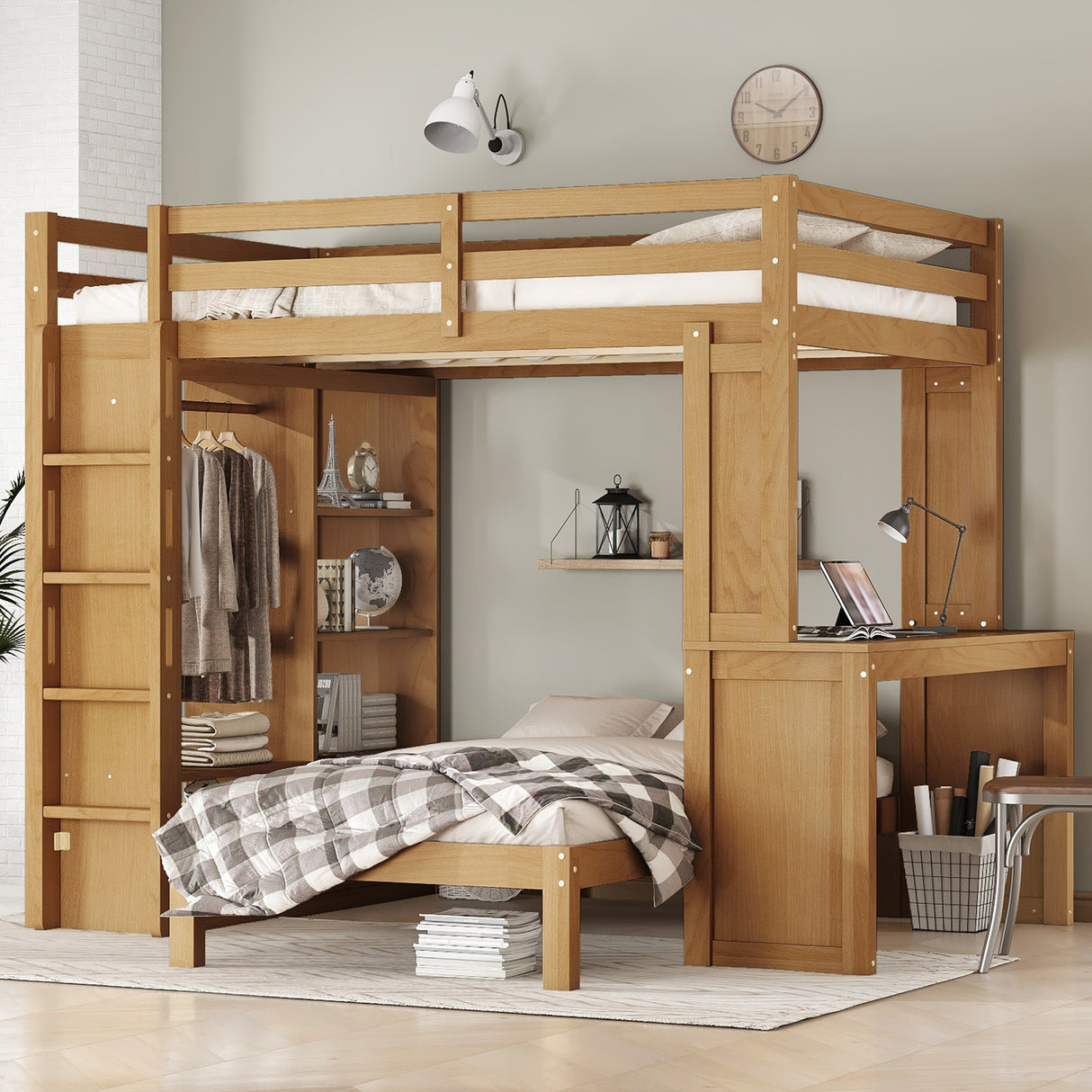 Full XL/Full over Twin Bunk Bed with Dismountable Lower Bed and Desk, Solid Wood Bunk Beds Frame with Built-in Shelves and Wardrobe, Can be Converted into Loft Bed, Natural