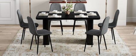 Table and chair set.64.5 x 35.4 Inch Stylish Black Wood Color Textured Dining Table.Paired with 6 Dark Gray Linen-Cotton Material High Resilience Dining Chair with Metal Leg. - sold by Home Elegance USA