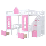 Full-Over-Full Bunk Bed with Changeable Table, Bunk Bed Turn into Upper Bed and Down Desk -Pink - Home Elegance USA