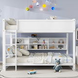 Queen Over Queen Bunk Bed with Built-in Storage Cabinets,Charging Station,Ladder,Safety Guardrails,Solid Pine Wood Bunk Bed,White