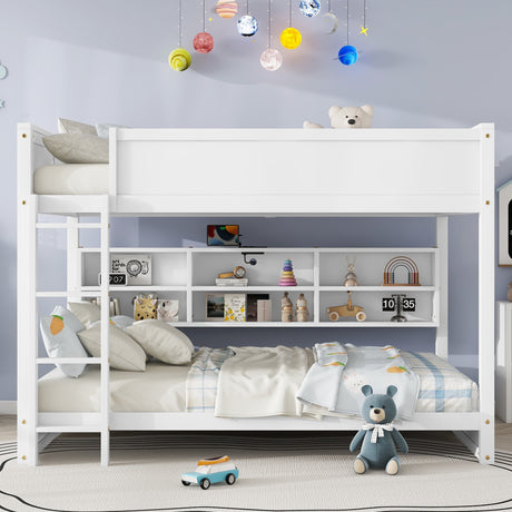 Queen Over Queen Bunk Bed with Built-in Storage Cabinets,Charging Station,Ladder,Safety Guardrails,Solid Pine Wood Bunk Bed,White