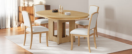TOPMAX Farmhouse Extendable Round Dining Table Set for 4, 5-Piece Kitchen Table Set with 4 Upholstered Chairs and 16inch Removable Leaf for Small Places, Natural+Beige - sold by Home Elegance USA