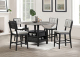 5pc Farmhouse Contemporary Counter Height Dining Set Storage Table Single Pedestal Round Black Gray Natural Grain Integrated Turntable Drop Leaves Built-in Shelving Fabric Upholstery Chairs