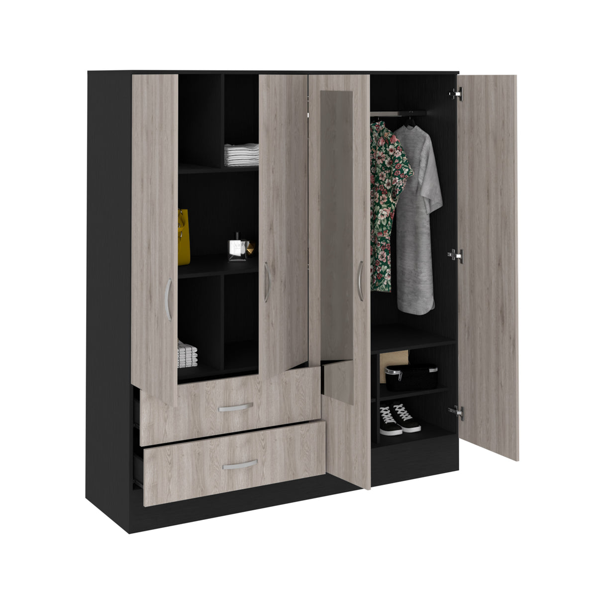 Bolton 160 Armoire, Six Shelves, Two Double Door Cabinets, Two Mirrors, Two Drawers, Rod Black / Light Gray - sold by Home Elegance USA