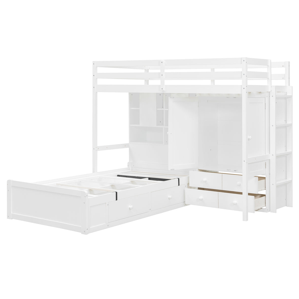 Twin Bunk Bed with Drawers, Wardrobe, Storage Shelves and Hydraulic Bed,White - sold by Home Elegance USA