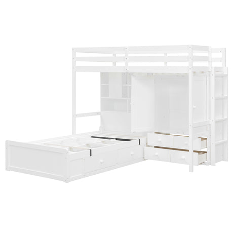 Twin Bunk Bed with Drawers, Wardrobe, Storage Shelves and Hydraulic Bed,White - sold by Home Elegance USA