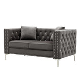 59.4 Inch Wide Grey Velvet Sofa with Jeweled buttons,Square Arm ,2 Pillow | Home Elegance USA