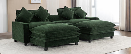 Chenille Upholstered 111' Sectional Sofa with Two Removable Ottomans, USB Ports, Cup Holders, and Storage, Green - sold by Home Elegance USA