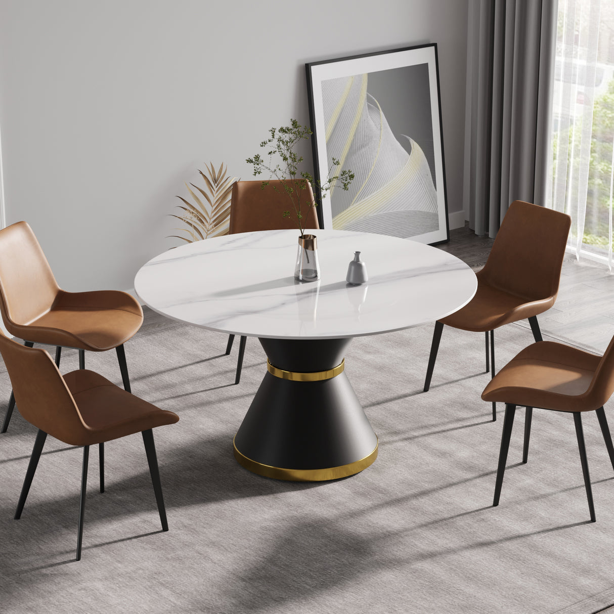 53.15'Modern artificial stone round black carbon steel base dining table-can accommodate 6 people-With 8 chairs